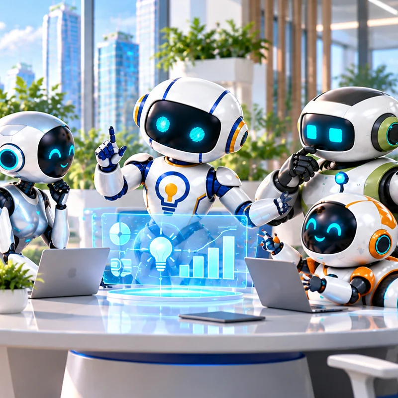 Mapa de Ideias robots working together in a creative meeting