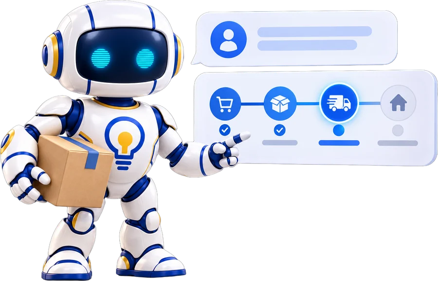 Mascote Mapa de Ideias atendendo clientes e acompanhando pedidos com IA